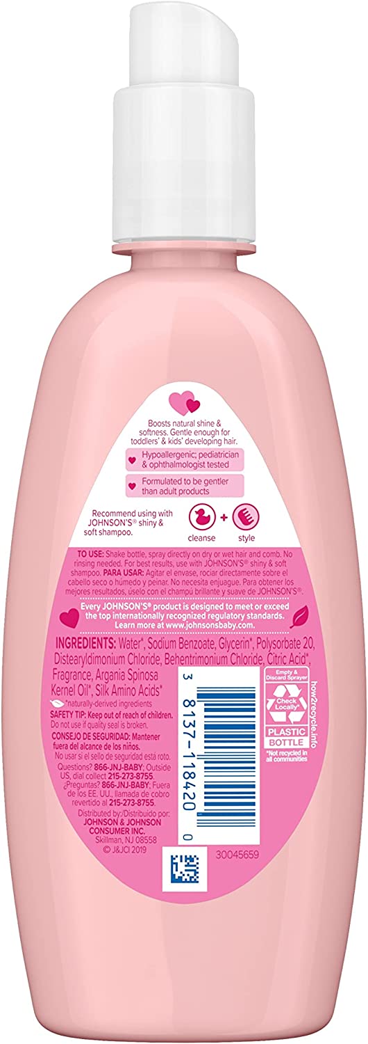 Johnson's Baby Shiny & Soft Tear-Free Kids' Hair Conditioning Spray with Argan Oil & Silk Proteins, Paraben, Sulfate & Dye-Free Formula, Hypoallergenic & Gentle for Toddlers, 10 Fl Oz - Image 9